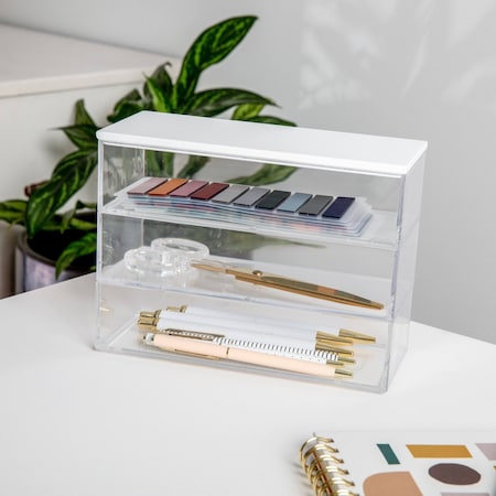 Martha Stewart Brody Clear Plastic Storage Organizer Bins W/ White Engineered Wood Lid, 3 Pack Medium, 7.5in x 3in BE-PB4516-3WD-CL-WH-MS